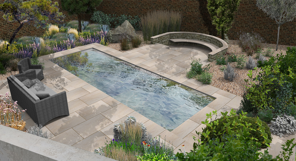 CAD image of swimming pool in luxuriously planted garden