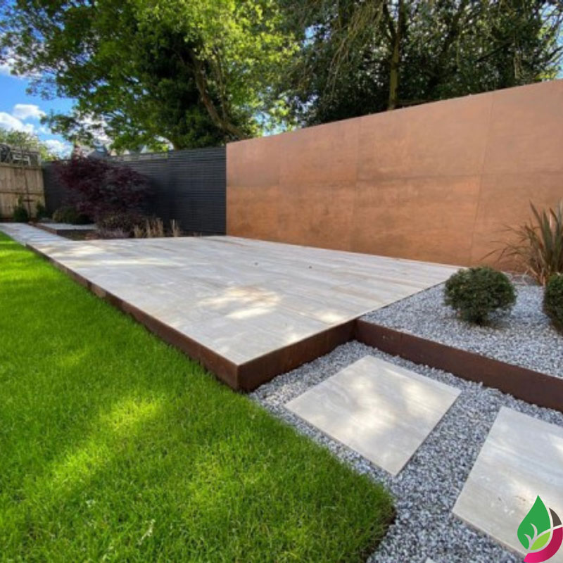 beautiful modern garden with porcelain paving and porcelain cladding