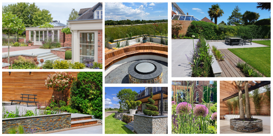 collage of beautiful gardens which are ideal for self build properties