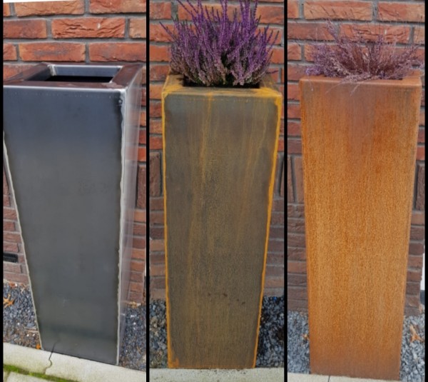 Columnar Andres Corten planters showing development of colour over time