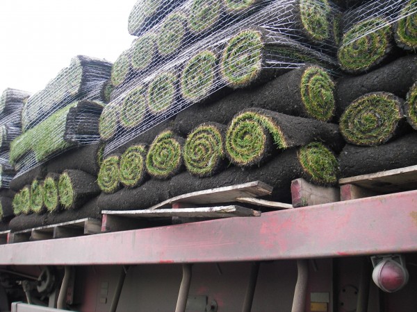 pallets of turf on flat bed lorry trailer
