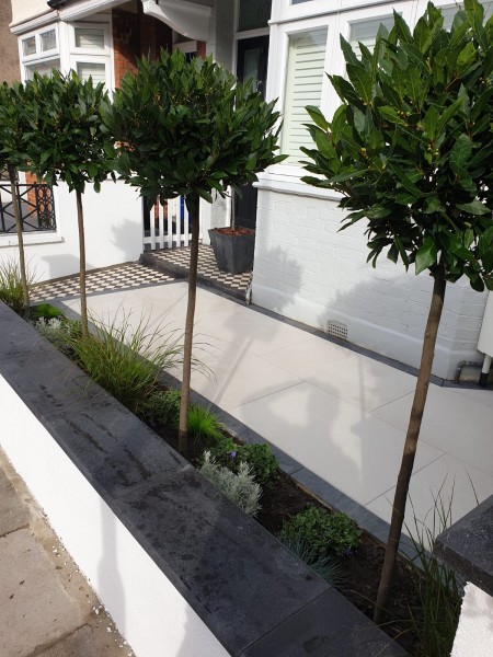 landscaped area with lollipop trees adjacent to smart ivory coloured porcelain patio