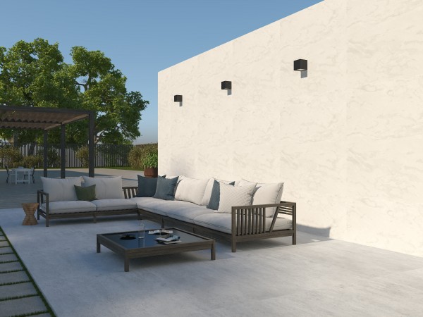 lounging terrace with rear wall clad in xtech porcelain sheets
