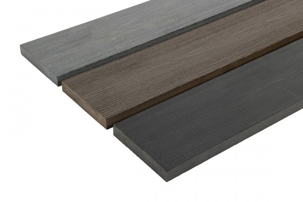 comparing three colours of Oxford solid composite decking with smooth side uppermost