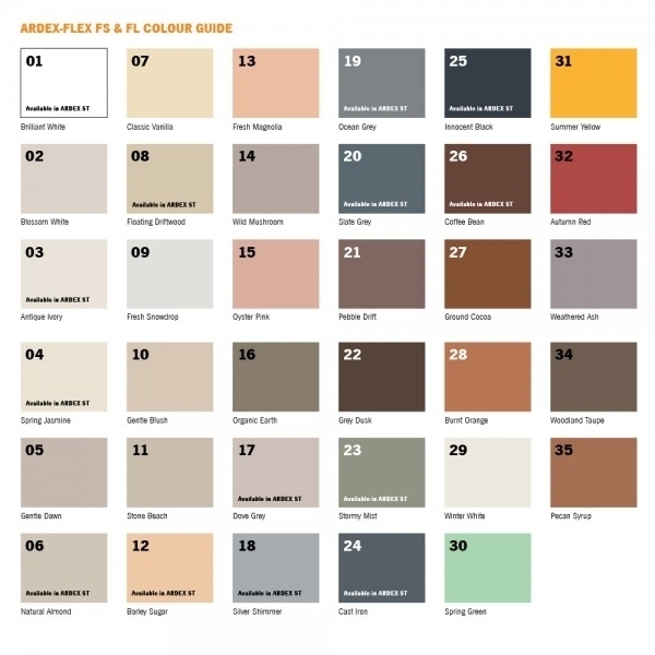 Colour chart for Ardex Flex adhesive