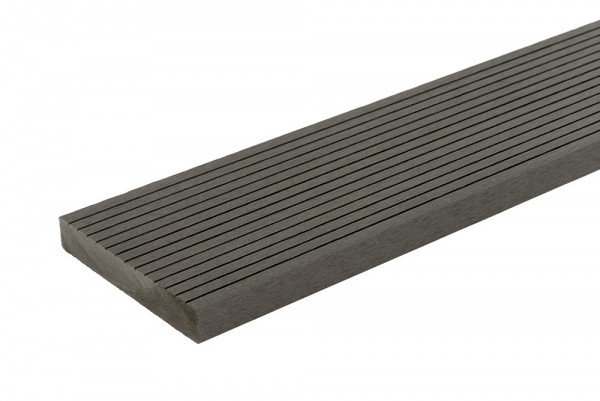 Charcoal coloured Oxford solid composite decking board with ridged surface uppermost