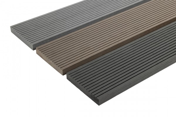 comparing three colours of Oxford composite decking with textured side uppermost