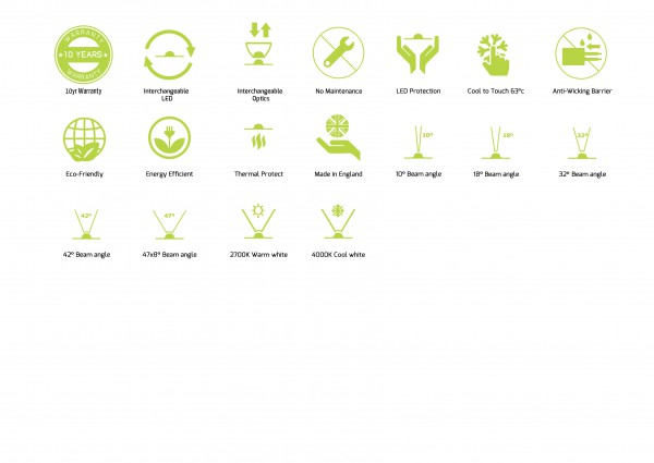 series of icons showing technical specification for outdoor light fittings from Arbour Landscape Solutions