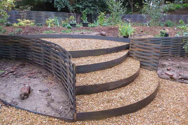 Steel edging used for garden gravel steps