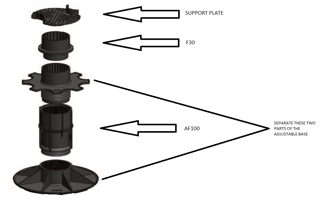 diagram showing components of adjustable pedestal base for paving and decking