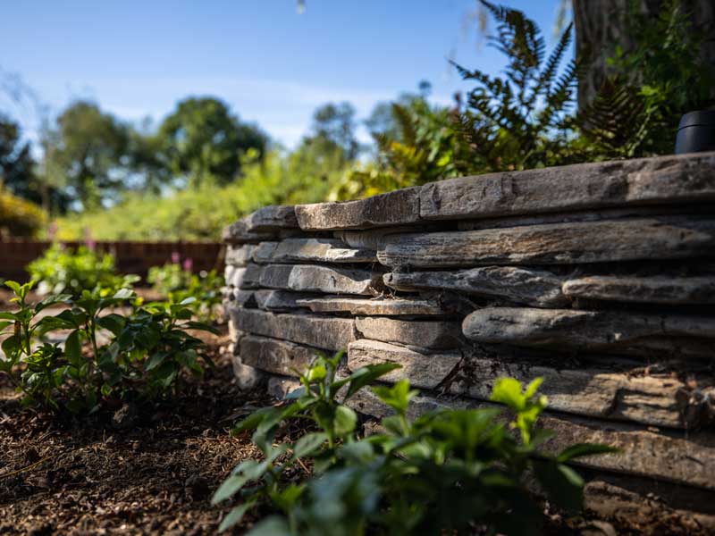 low circular wall around a mature tree created using paddlestones for a dry stone wall texture