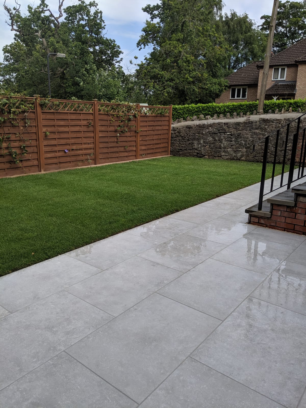 porcelain patio in a small suburban garden