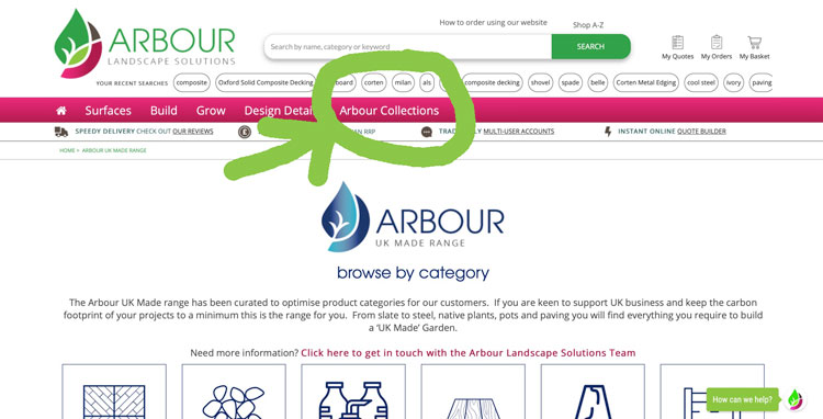 where to find the arbour collections tab on the arbour landscape solutions  website