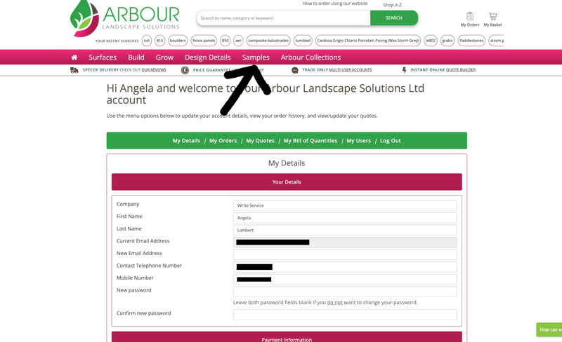 arbour landscape solutions account dashboard with samples button highlighted