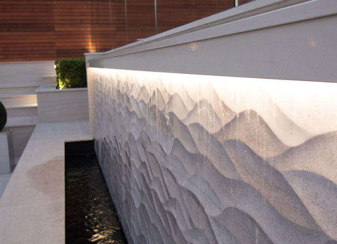 bespoke water cascade in white stone