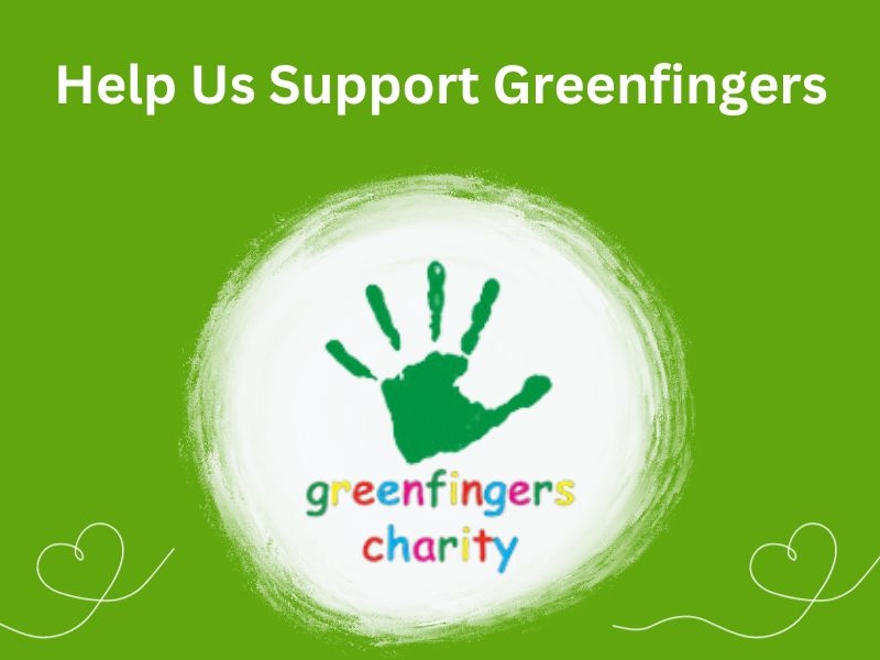green banner with greenfingers charity logo and call to action to support greenfingers