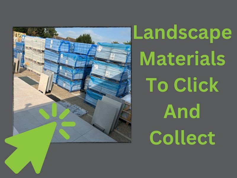 picture of pavers on pallets captioned landscape materials to click and collect