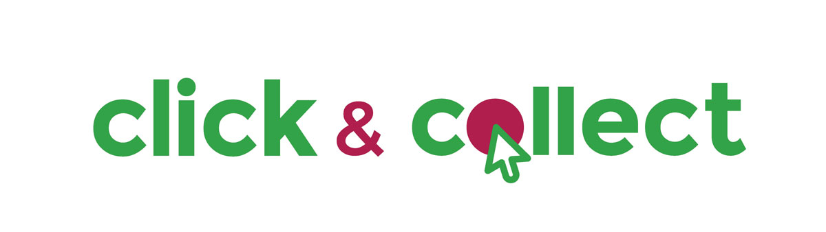 white image showing green text with magenta highlights reading 'click and collect'