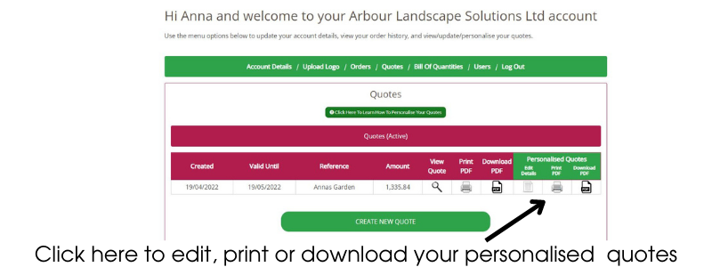 where to find the edit personalised quote icon on the arbour landscape solutions dashboard