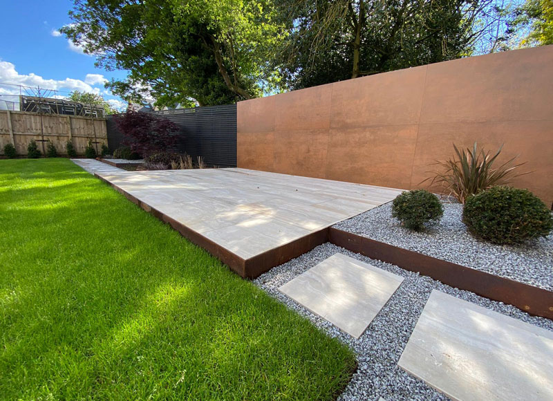 garden wall with cortex steel porcelain cladding sheets creating a contemporary look and feel
