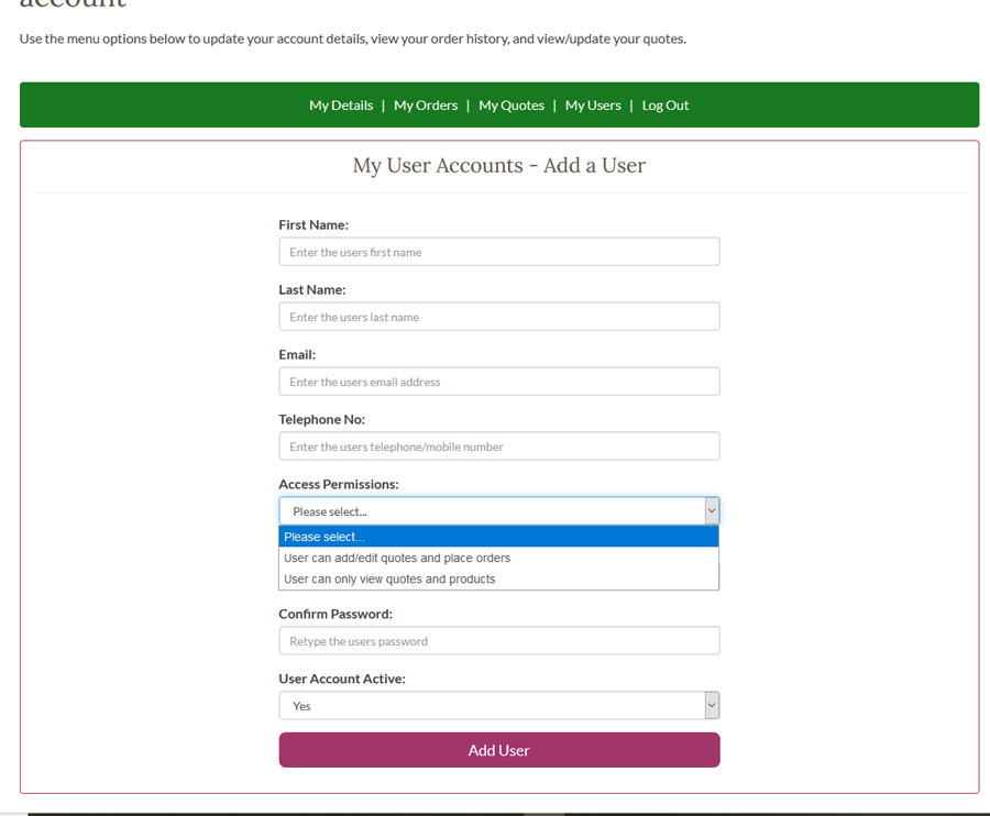 how to control access permissions for landscape supplies trade account