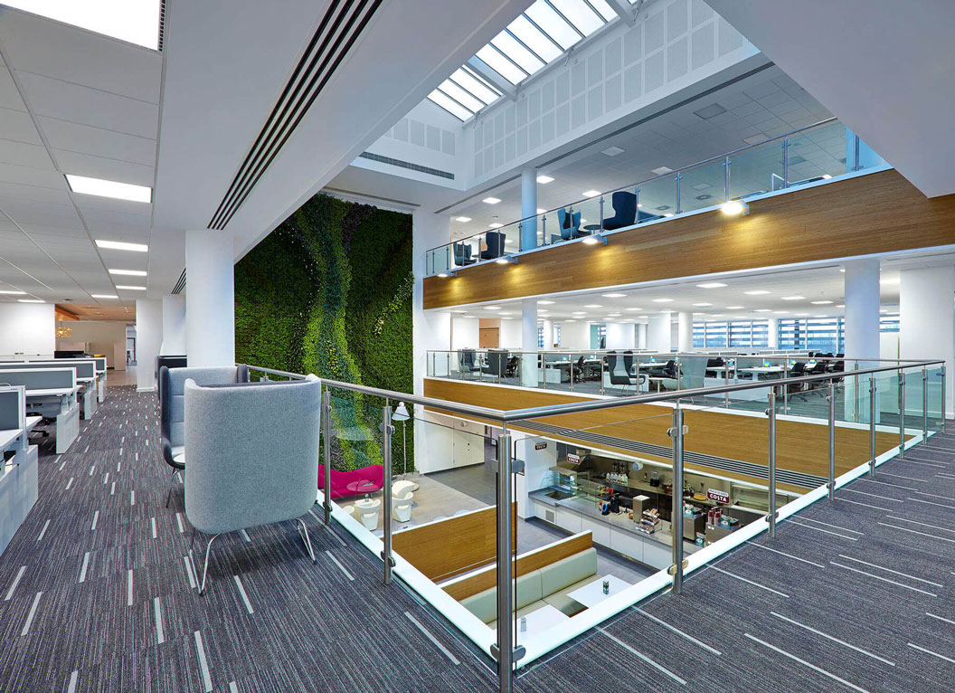 indoor living wall in a modern office setting with mezzanine and stair case