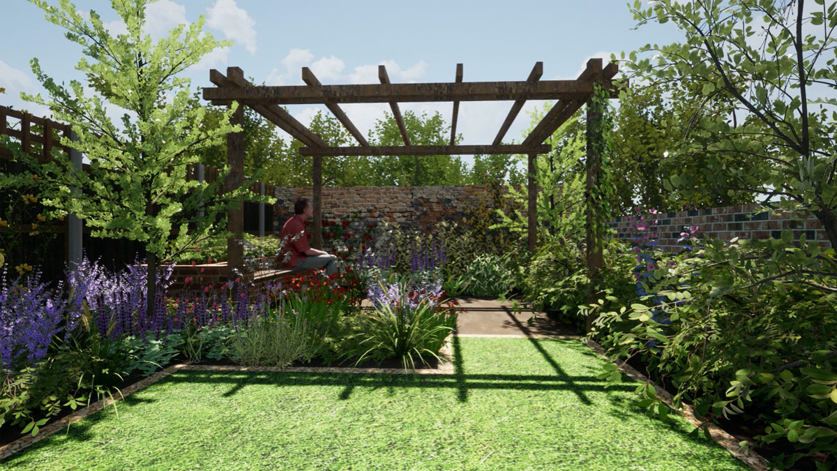CAD garden design with timber pergola and beautiful planting