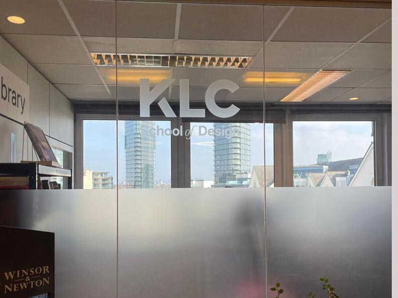 Interior window with KLC School Of Design logo and views of London skyline