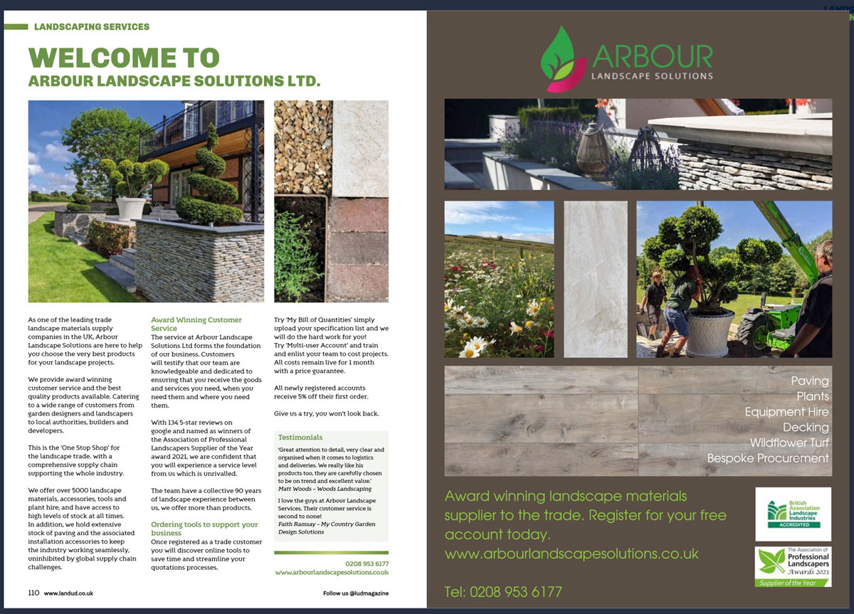 copy of Arbour Landscape Solutions advertorial in Landscape and Urban Design magazine