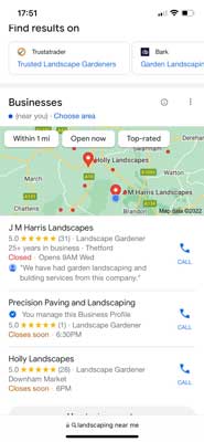 Google business profile search results for landscaper near me 