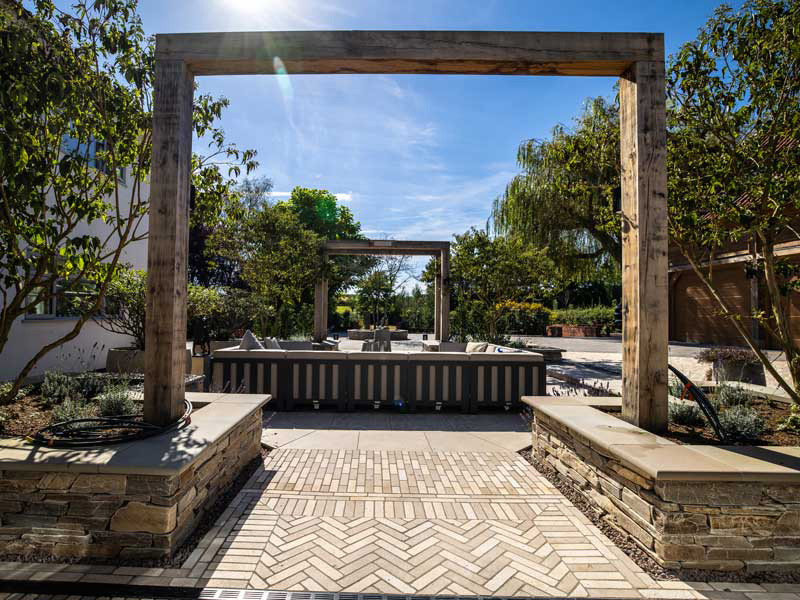 eye-catching pattern created using limestone setts in a herringbone pattern