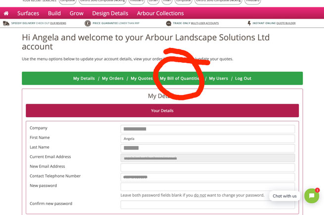my bill of quantities dashboard for arbour landscape solutions