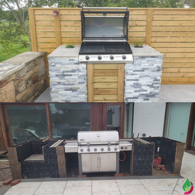 before and after outdoor kitchen using solid wall system