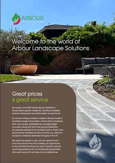 front cover of autumn 2023 paving brochure cover from Arbour Landscape Solutions