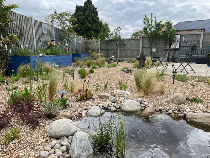 gravel garden with shallow wildlife pond and relaxed planting style