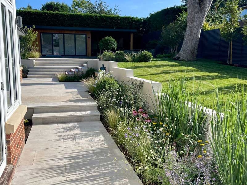 Presealed limestone paving example in garden
