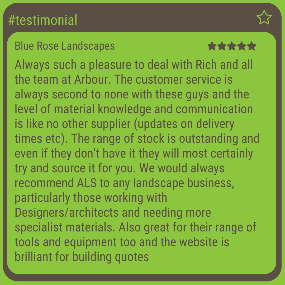 testimonial from Blue Rose Landscapes praising Arbour Landscape Solutions and the My Bill Of Quantities quoting system