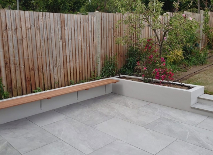 back garden with grey porcelain patio