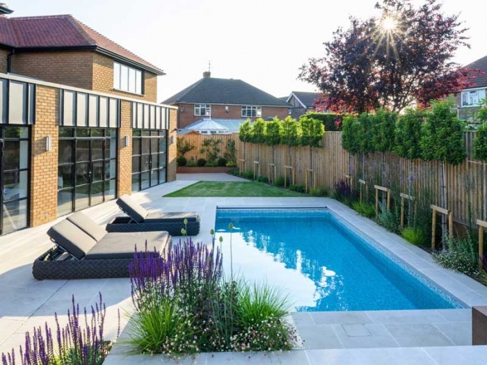 modern suburban garden with swimming pool and beautifully landscaped garden
