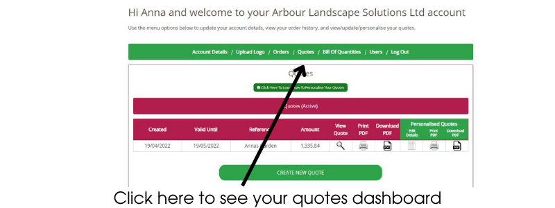 Screen shot of Arbour Landscape Solutions dashboard with arrow indicating where to click in order to edit quotes