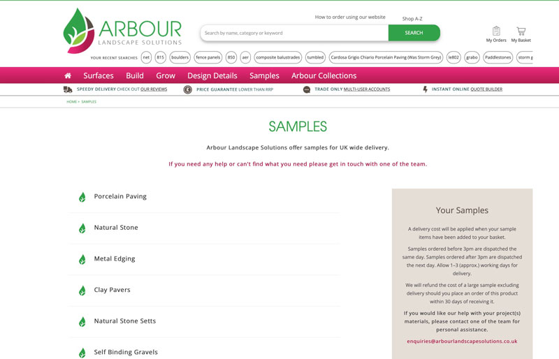 category list of landscape material samples available to order from Arbour Landscape Solutions