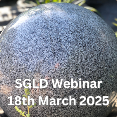polished granite globe with overlaid text advertising SGLD webinar for 18th March 2025