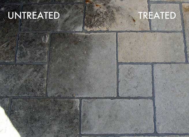 image showing a piece of stone paving, half of which has been treated with a pre-sealer, the other half is untreated and you can see a clear difference in staining and dirt levels
