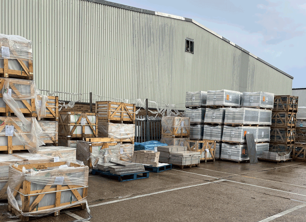 a selection of landscaping materials awaiting click and collect in Arbour Landscape Solutions yard